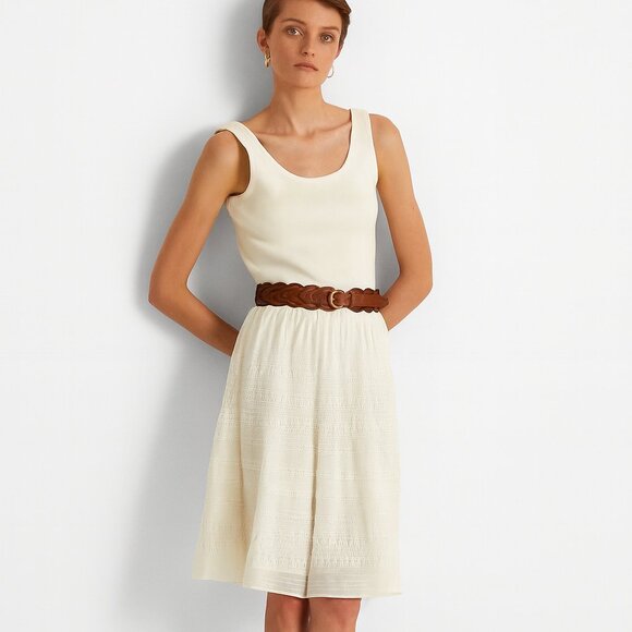 LAUREN RALPH LAUREN Ivory Cotton Sleeveless Knee Length Fit + Flare Dress - Picture 2 of 8